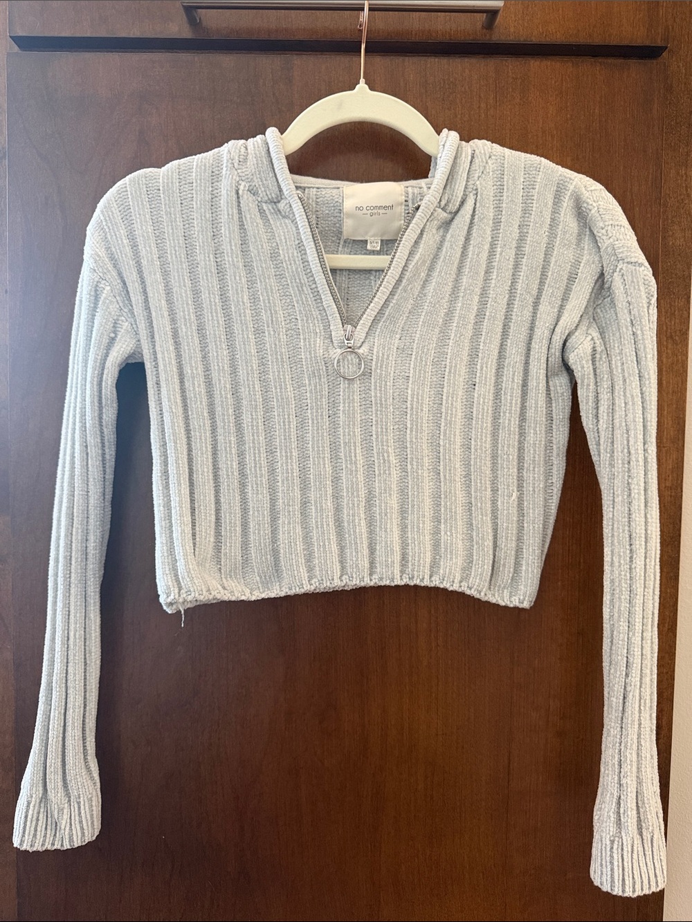 No Comment Girls' Light Gray Ribbed Zip-Crop Sweater